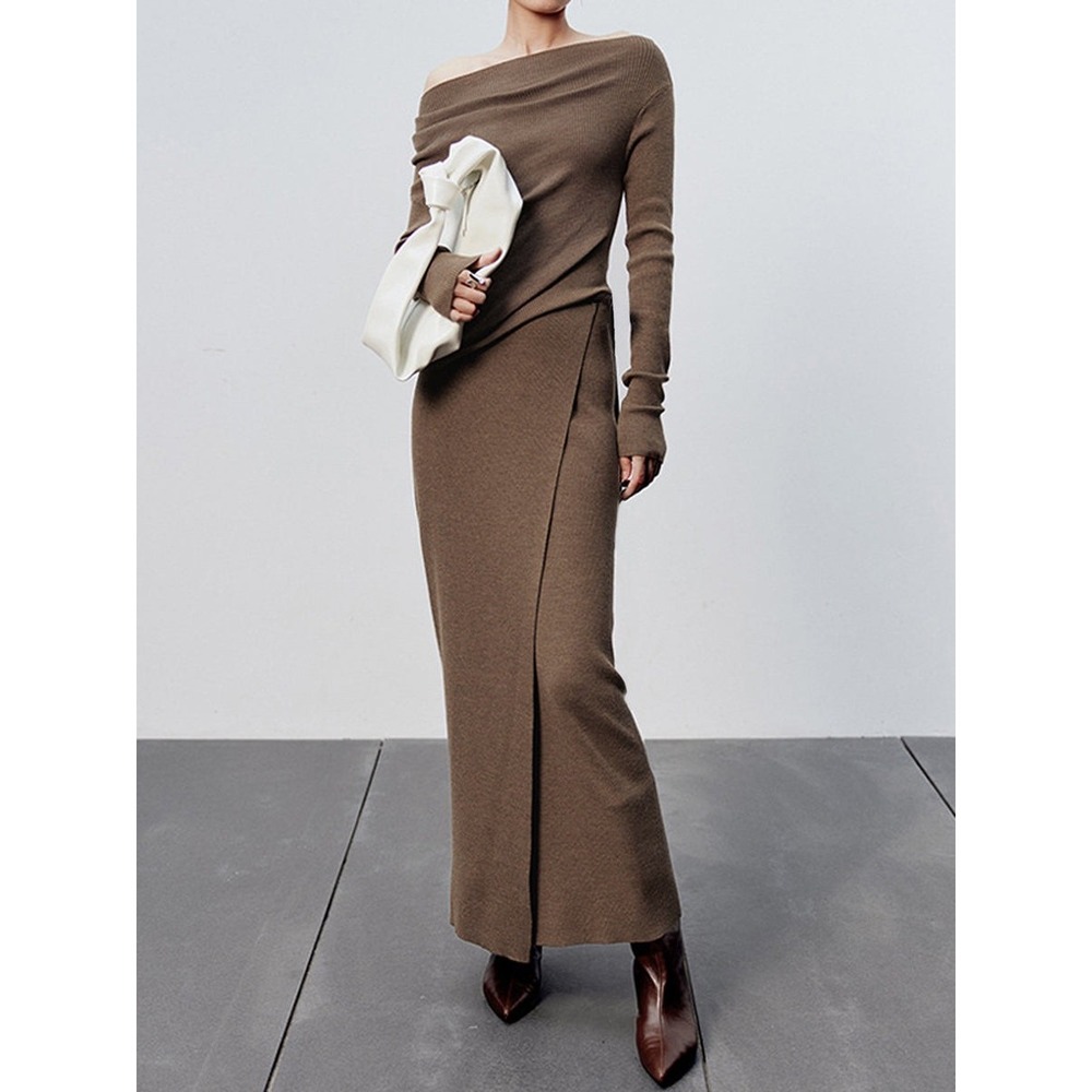 Commense Caramel Slit Maxi‎ Knit Skirt Dark Brown size M - Picture 2 of 6